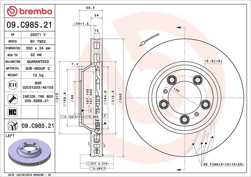 BREMBO Brake disc PRIME LINE - UV Coated internally vented 09.C985.21 Brake rotor,Brake discs PORSCHE,PANAMERA (971),Cayenne (9YA),Cayenne Coupe (9YB)