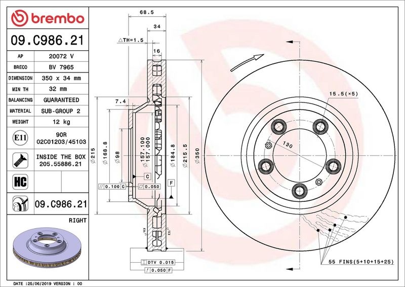 BREMBO Brake disc PRIME LINE - UV Coated internally vented 09.C986.21 Brake rotor,Brake discs PORSCHE,PANAMERA (971),Cayenne (9YA),Cayenne Coupe (9YB)