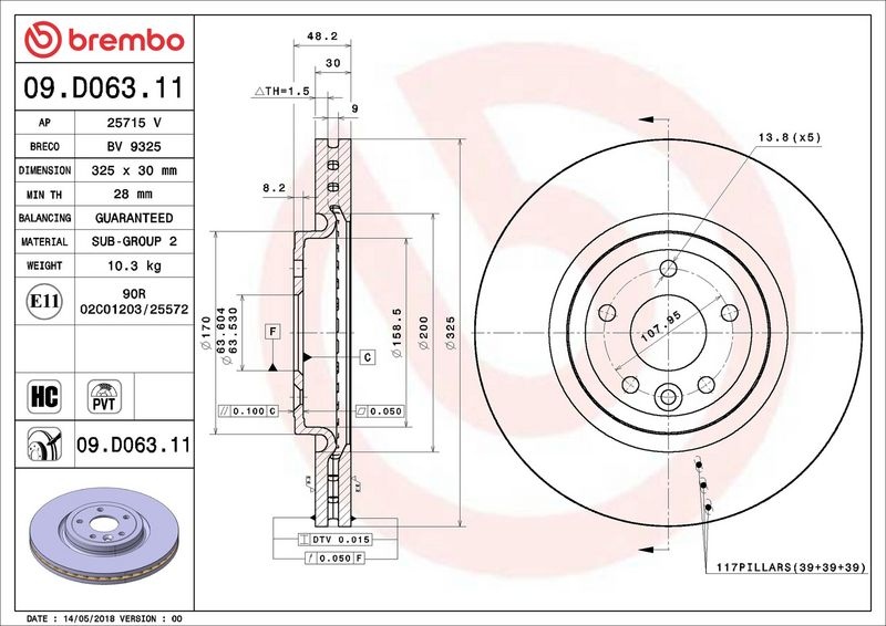 BREMBO Brake disc PRIME LINE - UV Coated internally vented 09.D063.11 Brake rotor,Brake discs JAGUAR,XE (X760),XF (X260),XF SPORTBRAKE (X260)