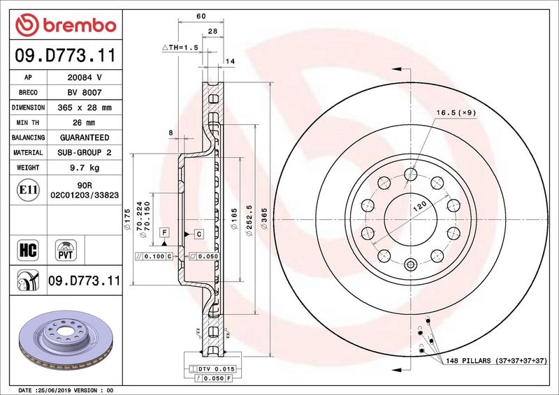 BREMBO Brake disc PRIME LINE - UV Coated internally vented 09.D773.11 Brake rotor,Brake discs TESLA,Model S (5YJS),Model X (5YJX)