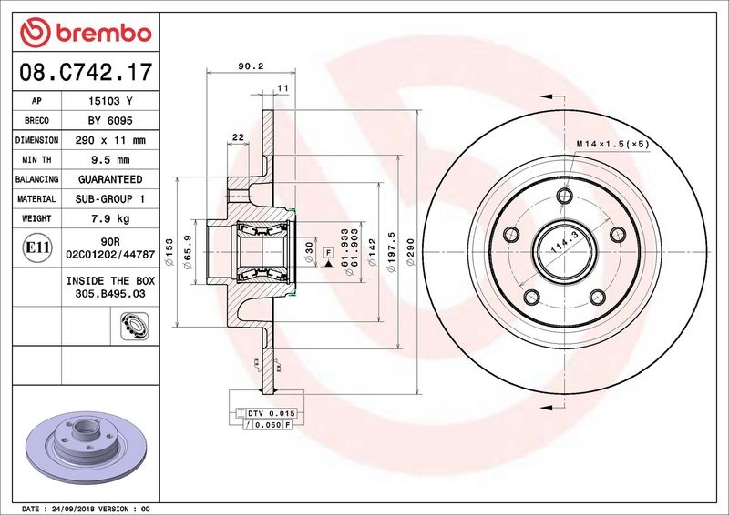 BREMBO Brake disc PRIME LINE - With Bearing Kit solid 08.C742.17 Brake rotor,Brake discs RENAULT,Espace V (JR_)