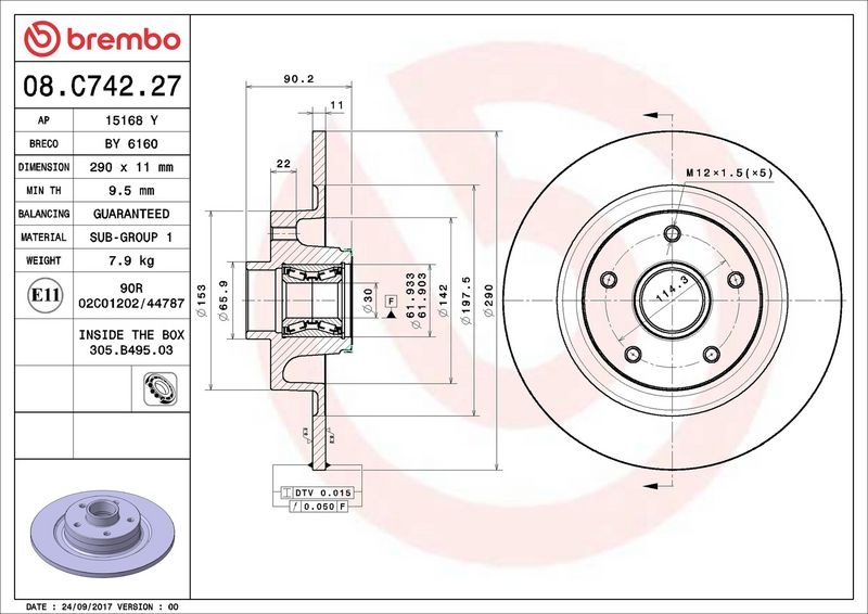 BREMBO Brake disc PRIME LINE - With Bearing Kit solid 08.C742.27 Brake rotor,Brake discs RENAULT,Megane IV Grandtour (K9A/M/N_)