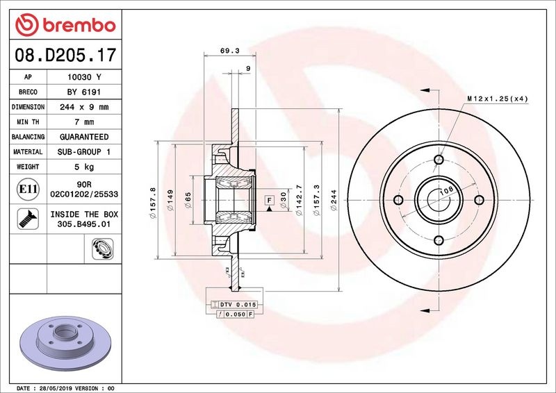 BREMBO Brake disc OPEL,PEUGEOT,CITROËN 08.D205.17 1623835180,1623835180,39181957 Brake rotor,Brake discs,Brake rotors 1623835180,1623835180,39181957