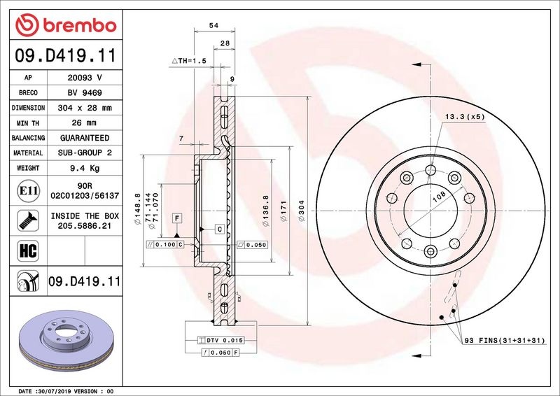 BREMBO Brake disc OPEL,PEUGEOT,TOYOTA 09.D419.11 9805260180,9805260180,9805260180 Brake rotor,Brake discs,Brake rotors SU001A3869,9805260180