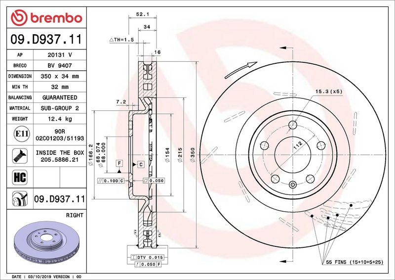 BREMBO Brake disc PORSCHE 09.D937.11 95B615302,95B615302F,95B615302H Brake rotor,Brake discs,Brake rotors 95B615302R