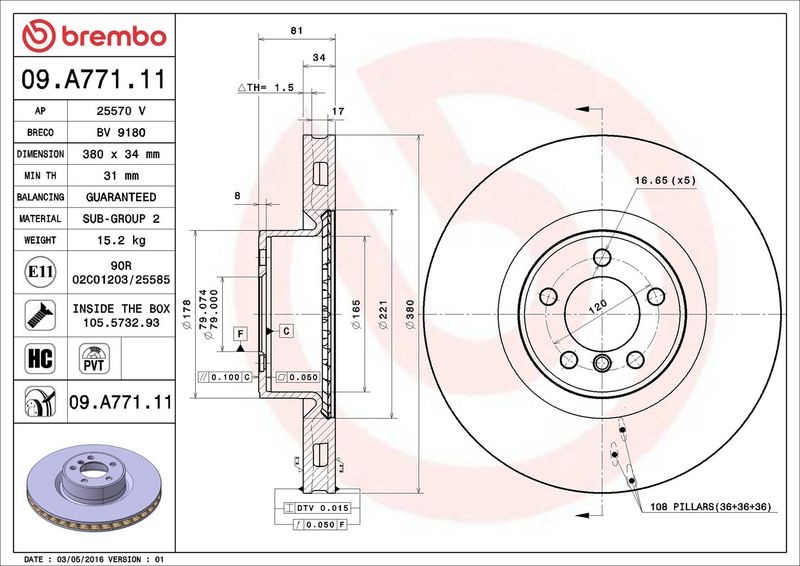 BREMBO Brake disc internally vented 09.A771.11 Brake rotor,Brake discs LAND ROVER,Range Rover III (L322)