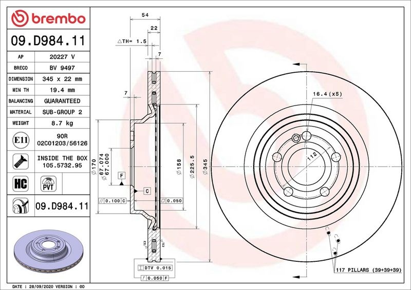 BREMBO Brake disc PRIME LINE - UV Coated internally vented 09.D984.11 Brake rotor,Brake discs MERCEDES-BENZ,GLE (W167),GLE Coupe (C167),GLS (X167)
