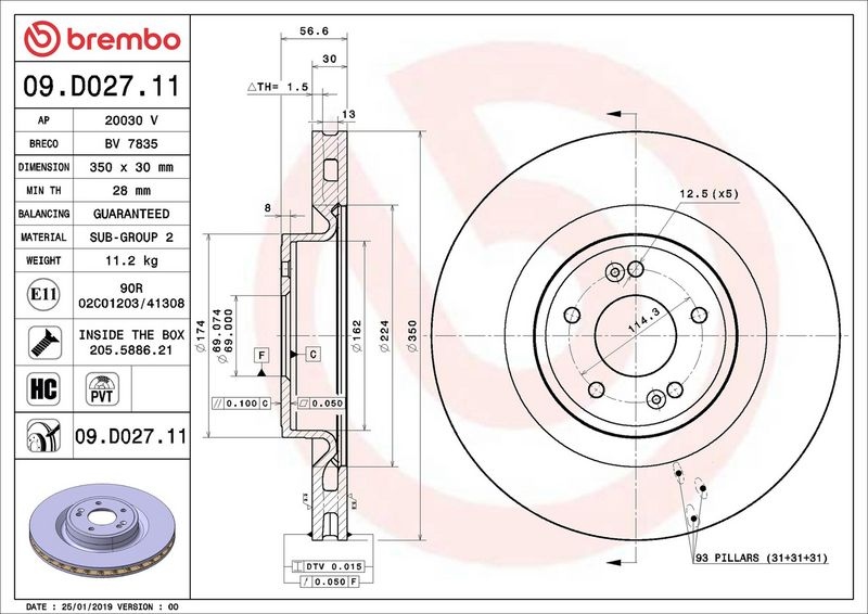 BREMBO Brake disc PRIME LINE - UV Coated internally vented 09.D027.11 Brake rotor,Brake discs KIA,GENESIS,Stinger Schrägheck (CK)