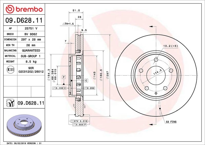 BREMBO Brake disc PRIME LINE - UV Coated internally vented 09.D628.11 Brake rotor,Brake discs MAZDA,CX-5 (KE, GH),6 Kombi (GJ, GL),CX-5 (KF)