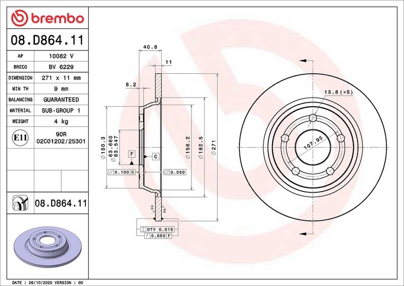 BREMBO Brake disc PRIME LINE - UV Coated solid 08.D864.11 Brake rotor,Brake discs FORD,Focus Mk4 Turnier (HP),Focus Mk4 Schrägheck (HN)