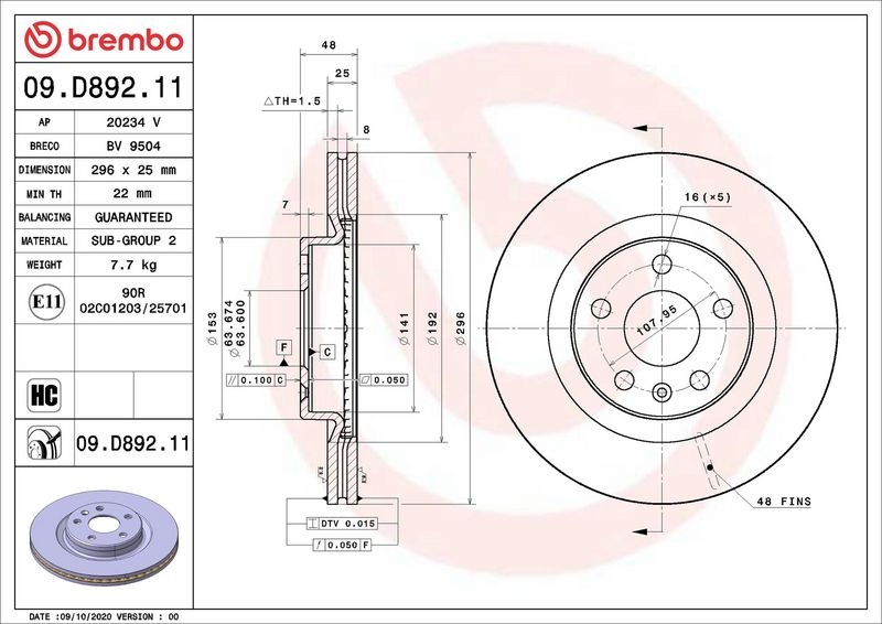 BREMBO Brake disc VOLVO 09.D892.11 8888942475,8889033002,8889061588 Brake rotor,Brake discs,Brake rotors 8890766500,31471414,314714140,32300121