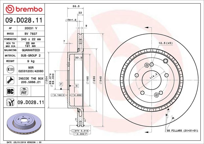 BREMBO Brake disc PRIME LINE - UV Coated internally vented 09.D028.11 Brake rotor,Brake discs KIA,GENESIS,Stinger Schrägheck (CK)