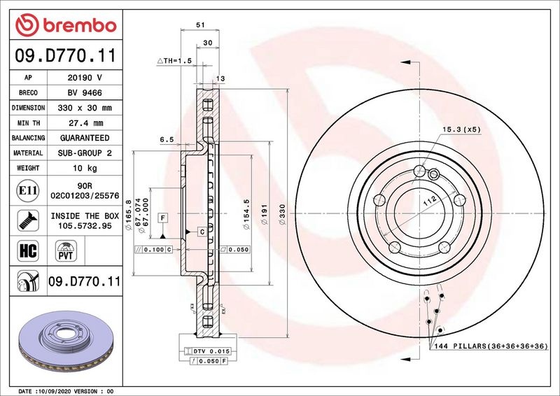 BREMBO Brake disc MERCEDES-BENZ 09.D770.11 2474211912,247421191207,A2474211912 Brake rotor,Brake discs,Brake rotors A247421191207,A2474211912
