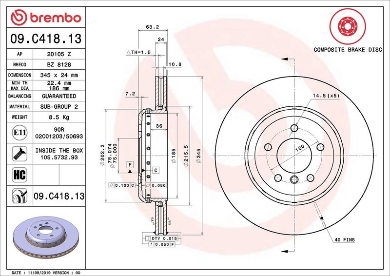 BREMBO Brake disc PRIME LINE - Composite two-part brake disc 09.C418.13 Brake rotor,Brake discs BMW,5 Limousine (E60),5 Touring (E61),6 Coupe (E63)