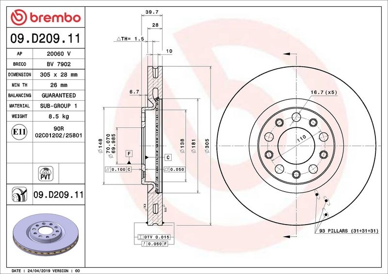 BREMBO Brake disc PRIME LINE - UV Coated internally vented 09.D209.11 Brake rotor,Brake discs FIAT,JEEP,ALFA ROMEO,500X (334_),Renegade SUV (BU, B1)