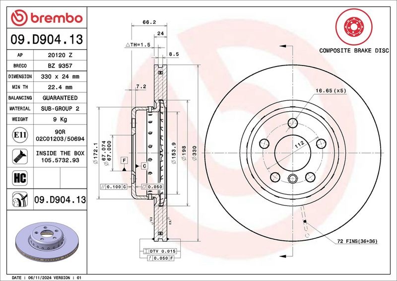 BREMBO Brake disc PRIME LINE - Composite internally vented 09.D904.13 Brake rotor,Brake discs BMW,TOYOTA,5 Touring (G31),5 Limousine (G30, F90)