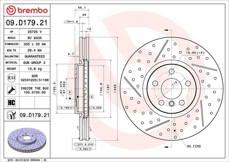 BREMBO Brake disc PRIME LINE - UV Coated slotted/perforated 09.D179.21 Brake rotor,Brake discs MINI,Schrägheck (F56),Clubman (F54),Schrägheck (F55)