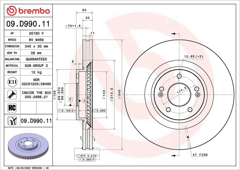 BREMBO Brake disc PRIME LINE - UV Coated internally vented 09.D990.11 Brake rotor,Brake discs HYUNDAI,KIA,Santa Fé IV (TM),SANTA FÉ IV Kasten/SUV (TM)
