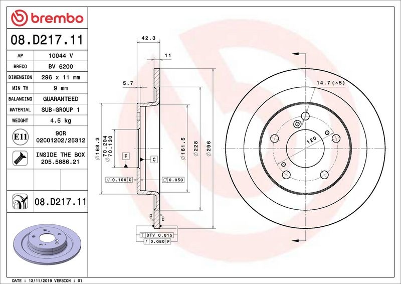 BREMBO Brake disc PRIME LINE - UV Coated solid 08.D217.11 Brake rotor,Brake discs HONDA,CIVIC IX (FK)