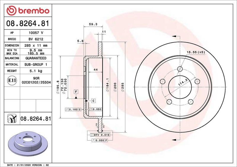 BREMBO Brake disc PRIME LINE - UV Coated solid 08.8264.81 Brake rotor,Brake discs JEEP,Grand Cherokee I (ZJ, ZG),WRANGLER I (YJ, SJ_),WRANGLER II (TJ)
