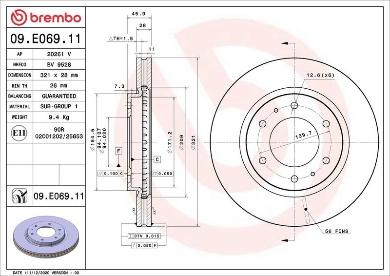 BREMBO Brake disc PRIME LINE - UV Coated internally vented 09.E069.11 Brake rotor,Brake discs MITSUBISHI,L 200 / Triton Pickup (KJ_, KK_, KL_)