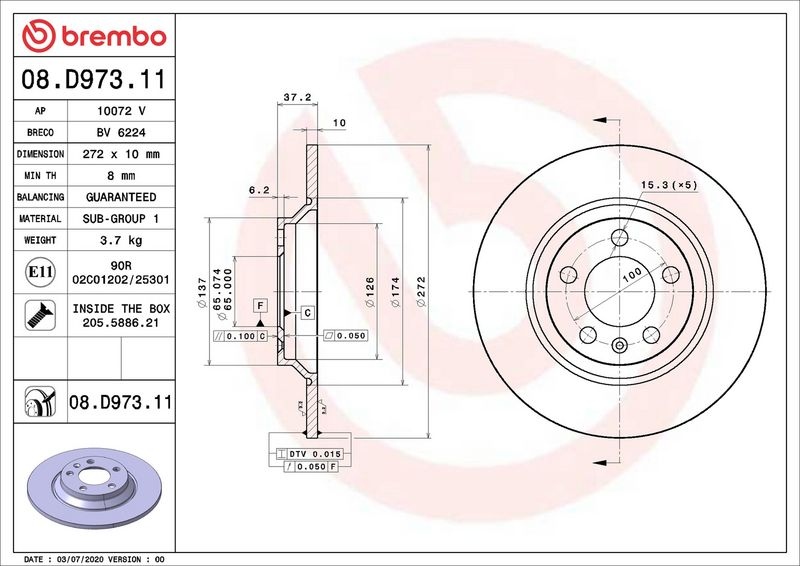 BREMBO Brake disc PRIME LINE - UV Coated solid 08.D973.11 Brake rotor,Brake discs VW,AUDI,POLO (AW1, BZ1),A1 Sportback (GBA)