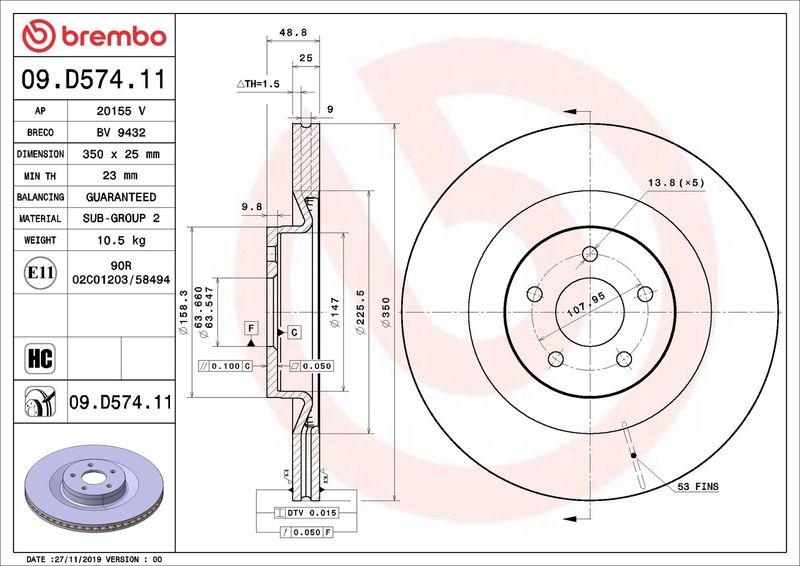BREMBO Brake disc PRIME LINE - UV Coated internally vented 09.D574.11 Brake rotor,Brake discs FORD,FOCUS III