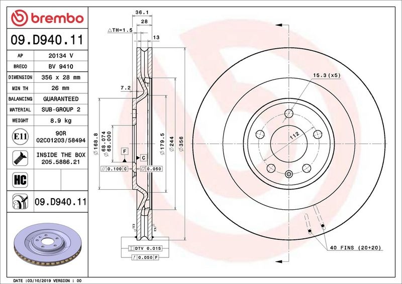 BREMBO Brake disc PRIME LINE - UV Coated internally vented 09.D940.11 Brake rotor,Brake discs PORSCHE,Macan (95B)