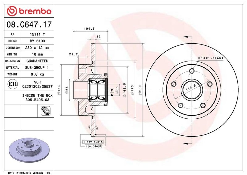 BREMBO Brake disc OPEL,RENAULT,FIAT 08.C647.17 6000620071,4320600Q0H,4320600Q0M Brake rotor,Brake discs,Brake rotors 4422288,95516956,95523187
