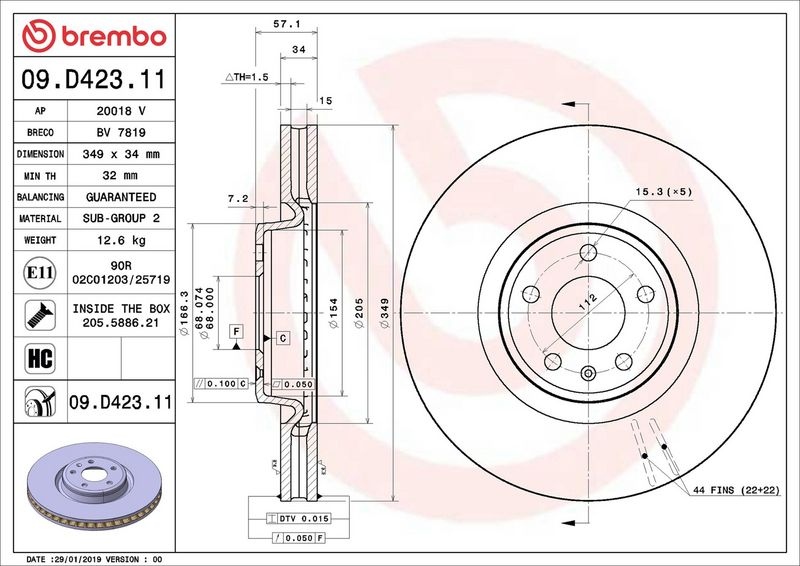 BREMBO Brake disc VW,AUDI,HONDA 09.D423.11 4M0615301AB,4M0615301AN,4M0615301P Brake rotor,Brake discs,Brake rotors 80A615301D,80A615301G,4M0615301AN