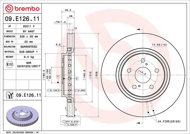 BREMBO Brake disc PRIME LINE - UV Coated internally vented 09.E126.11 Brake rotor,Brake discs TOYOTA,LEXUS,RAV4 V (XA50)