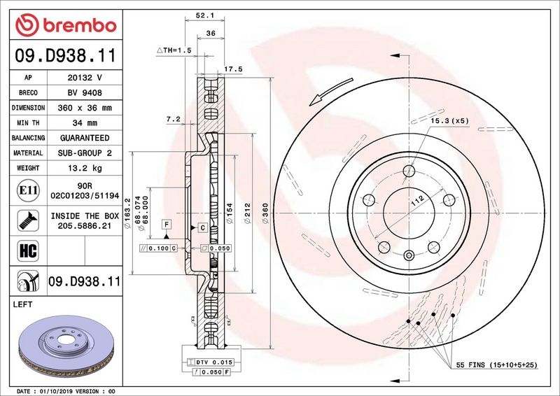 BREMBO Brake disc PRIME LINE - UV Coated internally vented 09.D938.11 Brake rotor,Brake discs PORSCHE,Macan (95B)
