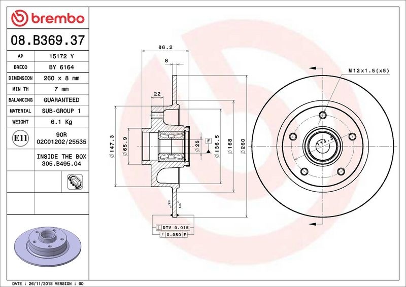BREMBO Brake disc PRIME LINE - With Bearing Kit solid 08.B369.37 Brake rotor,Brake discs RENAULT,Megane IV Grandtour (K9A/M/N_)