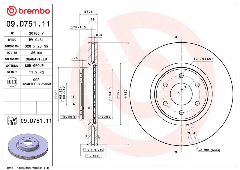 BREMBO Brake disc PRIME LINE - UV Coated internally vented 09.D751.11 Brake rotor,Brake discs MERCEDES-BENZ,NISSAN,X-Klasse Pickup (470)