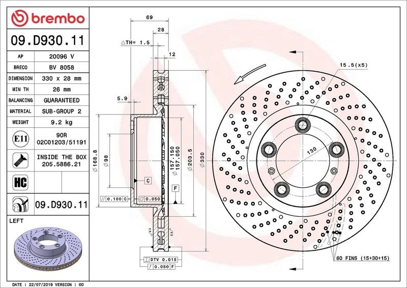 BREMBO Brake disc PRIME LINE - UV Coated perforated/vented 09.D930.11 Brake rotor,Brake discs PORSCHE,911 (997),911 Cabriolet (997),911 (991)
