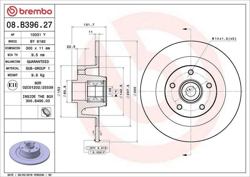 BREMBO Brake disc PRIME LINE - With Bearing Kit solid 08.B396.27 Brake rotor,Brake discs RENAULT,LAGUNA Coupe (DT0/1)