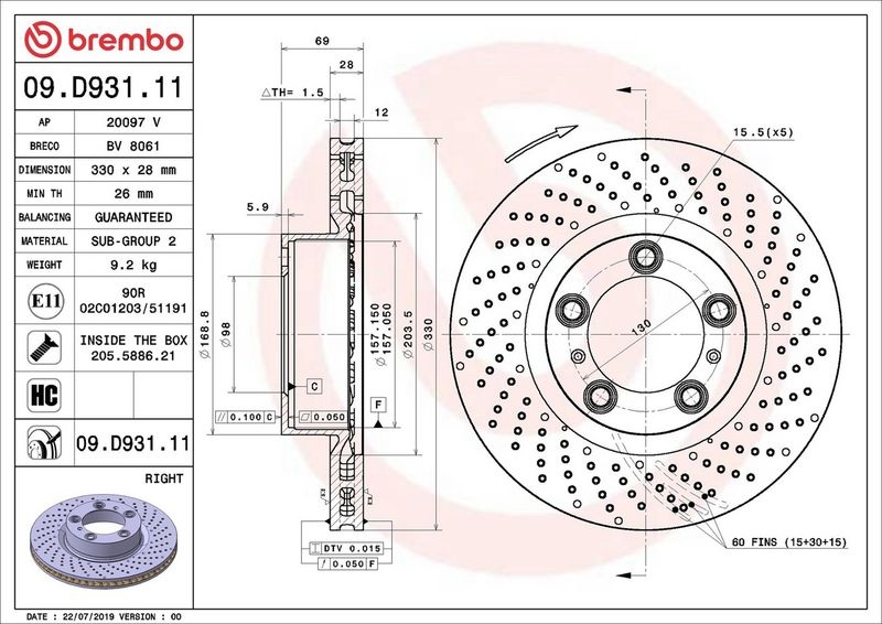 BREMBO Brake disc PRIME LINE - UV Coated perforated/vented 09.D931.11 Brake rotor,Brake discs PORSCHE,911 (997),911 Cabriolet (997),911 (991)