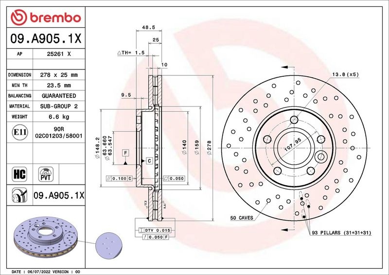 BREMBO Brake disc FORD,VOLVO 09.A905.1X 1686722,1686723,1790221 Brake rotor,Brake discs,Brake rotors AV611125DA,AV611125DB,BV611125AA,BV6Z1125A