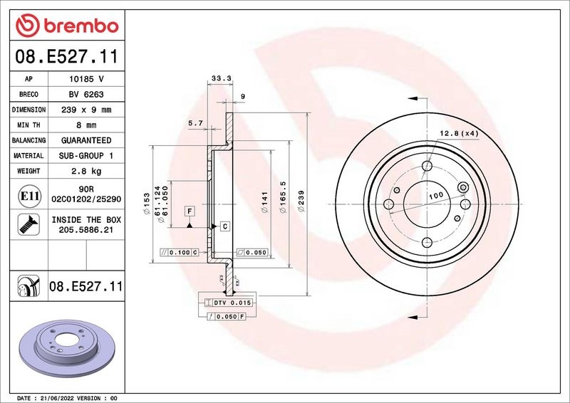 BREMBO Brake disc PRIME LINE - UV Coated internally vented 09.E528.11 Brake rotor,Brake discs INFINITI,Q50 Limousine,FX,QX70 SUV,Q70 (Y51),M (Y51)