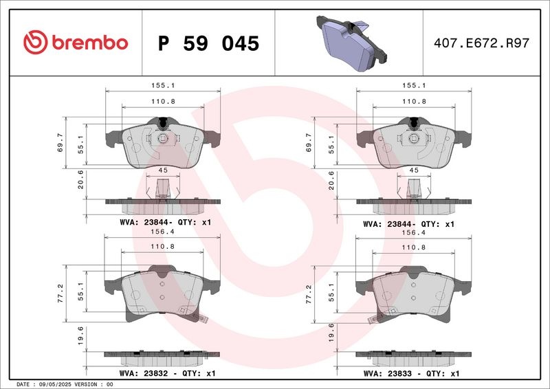 BREMBO Brake pad set OPEL,VAUXHALL P 59 045X AC694281D,93305892,9195157 93176115,93176429,93179707,93179708,93181189,93186713,93189697,1605009,1605035