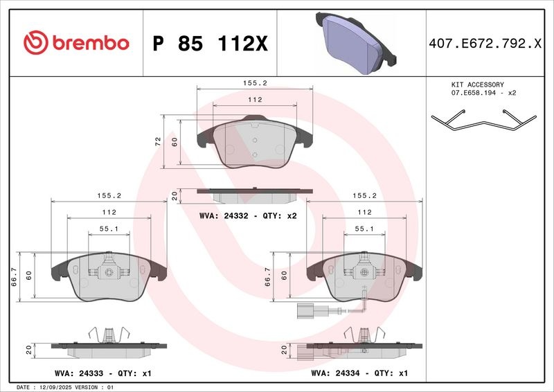 BREMBO Brake pad set VW,AUDI,SEAT P 85 112X 5N0598151C,5N0698151,5N0698151A 5N0698151B,5N0698151C,7N0698151,JZW698151S,8UD698151,L5ND698151A,5N0698151