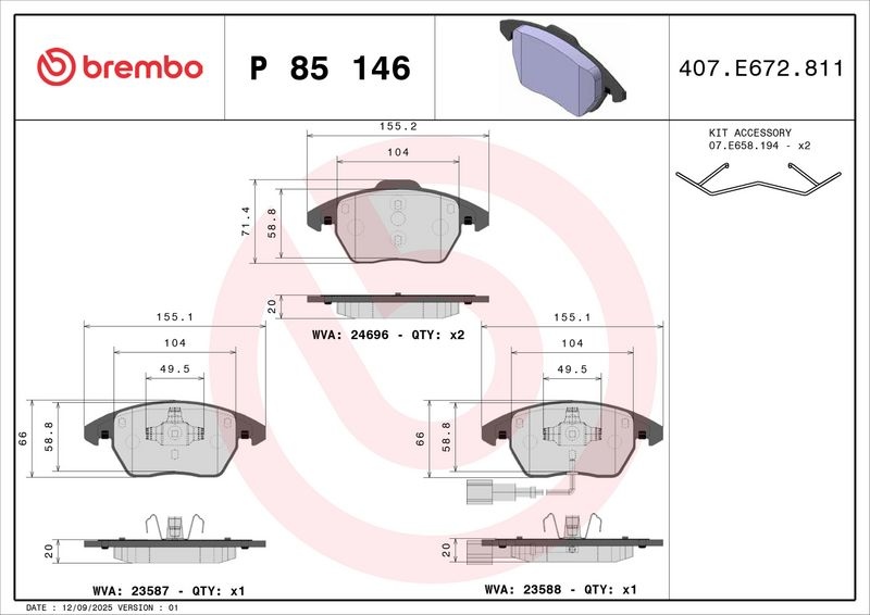 BREMBO Brake pad set PRIME LINE incl. wear warning contact P 85 146 Brake pads,Brake pad set, disc brake VW,AUDI,SKODA,Golf V Schrägheck (1K1)