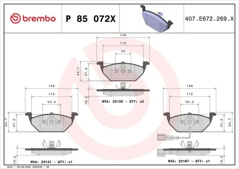 BREMBO Brake pad set VW,AUDI,SKODA P 85 072X 1J0698151D,1J0698151E,1J0698151F 1J0698151G,1K0698151A,1K0698151D,1K0698151F,1K0698151G,1K0698151J