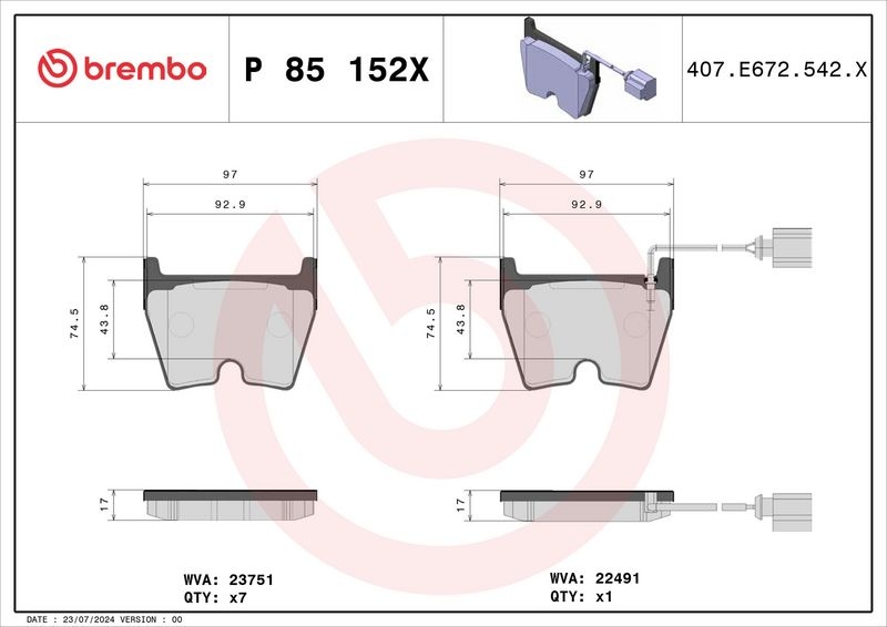 BREMBO Brake pad set XTRA LINE incl. wear warning contact P 85 152X Brake pads,Brake pad set, disc brake AUDI,A3 Sportback (8VA, 8VF),Q3 (8UB, 8UG)