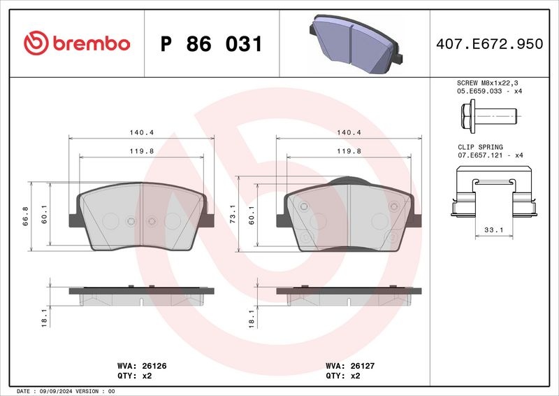 BREMBO Brake pad set VOLVO,LYNK & CO P 86 031 4048055500,8888664290,8889730105 8889810014,31471407,314714070,31471408,314714080,32276931,322769310