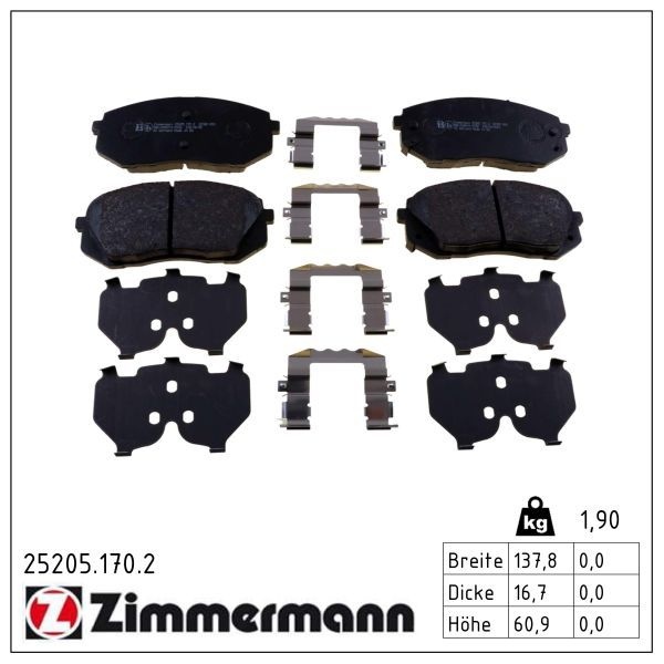 ZIMMERMANN Brake pad set with acoustic wear warning 25205.170.2 Brake pads,Brake pad set, disc brake HYUNDAI,KIA,ix35 (LM, EL, ELH),Tucson (TL, TLE)