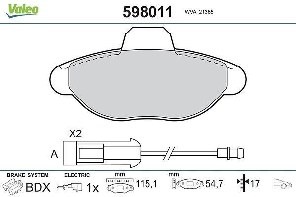 VALEO Brake pad set Front Axle 598011 Brake pads,Brake pad set, disc brake FIAT,ALFA ROMEO,GRANDE PUNTO (199),PANDA (169),500 (312),500 C (312)