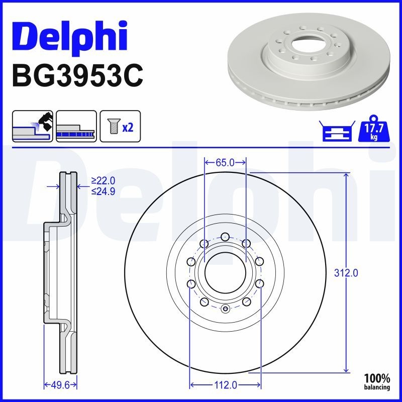 DELPHI Brake disc VW,AUDI,SKODA BG3953C 1K0615301AA,5C0615301B,5C0615301E Brake rotor,Brake discs,Brake rotors 5N0615301,5Q0615301F,8E0098301AA