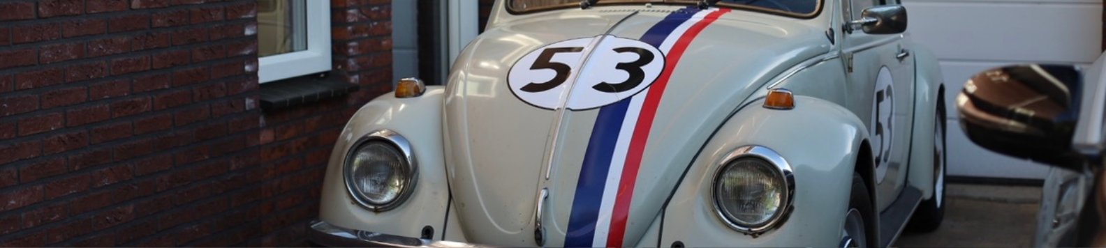 Close-up van de voorkant van een witte kever met stickers 53