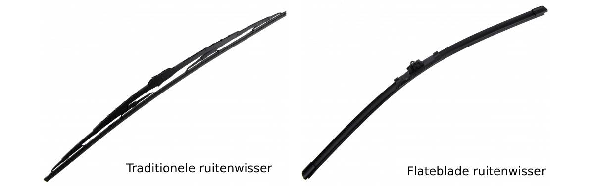 Links een traditionele ruitenwisser en rechts een flatblade ruitenwisser